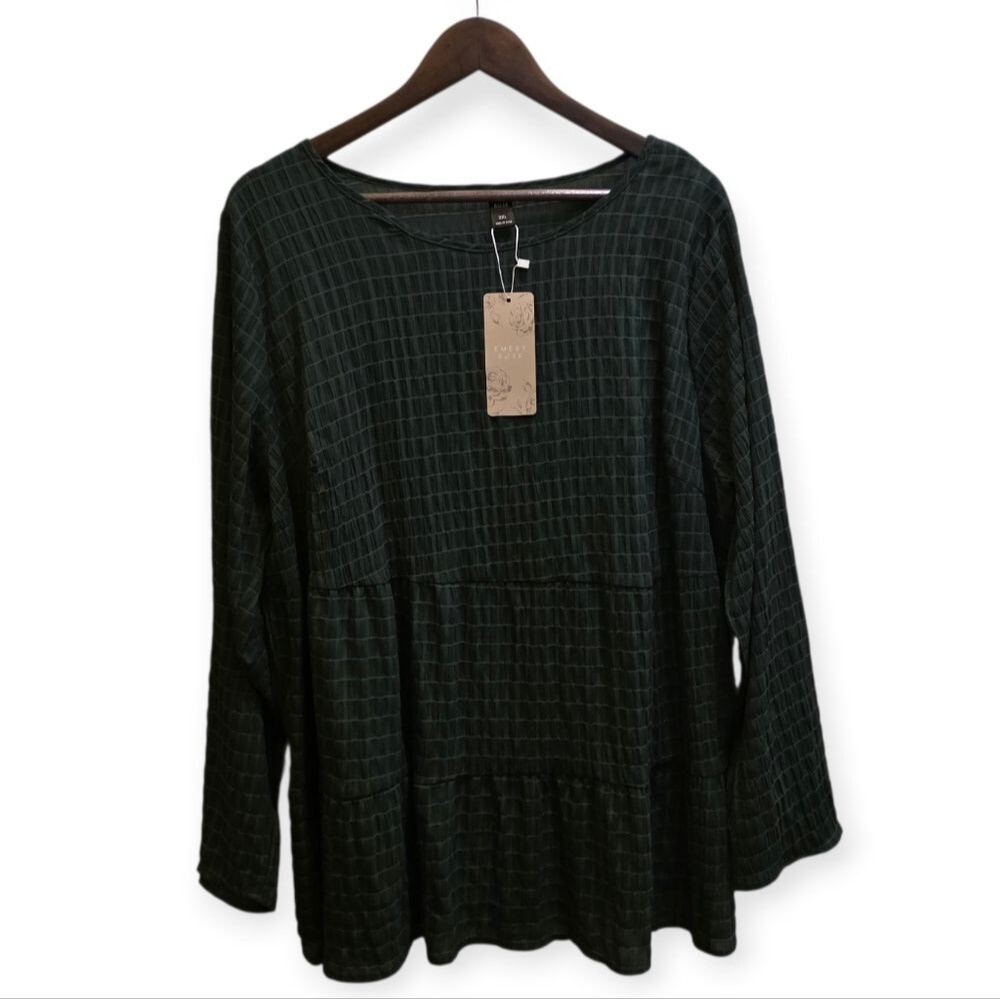 Emery Rose Dark Emerald Green Textured Babydoll Tunic Top 2XL Boho - Picture 2 of 5